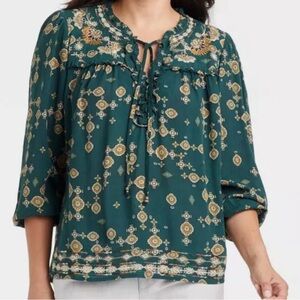 Knox Rose Womens XXL Green Floral Embroidered Peasant Boho‎ Top Blouse